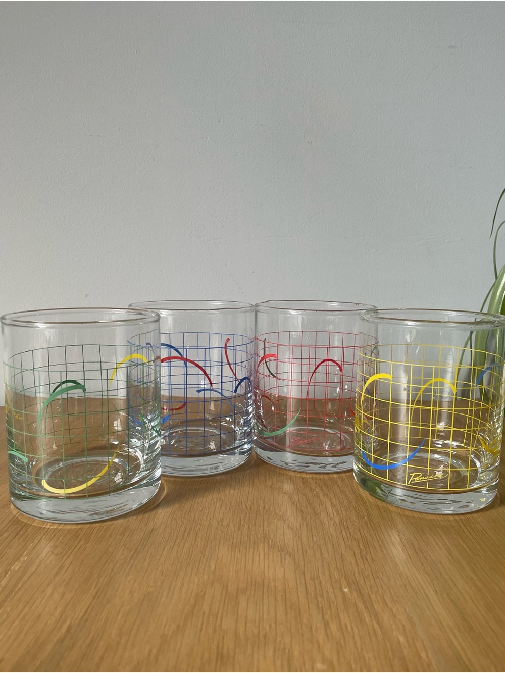 Vintage 1980s Panache Geometric Grid Lowball Tumbler Drinking Glasses Set of 4